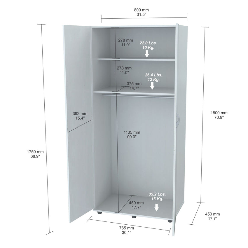 White Finish Wood Wardrobe with Two Doors