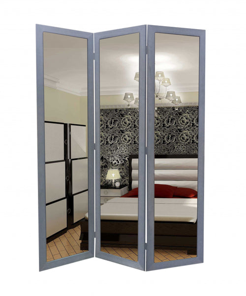 1 x 50 x 69 Gray Glass & Wood Mirror  Screen