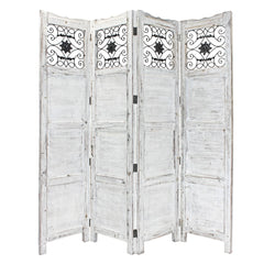 Gray Wash 4 Panel with Scroll Work Room Divider Screen