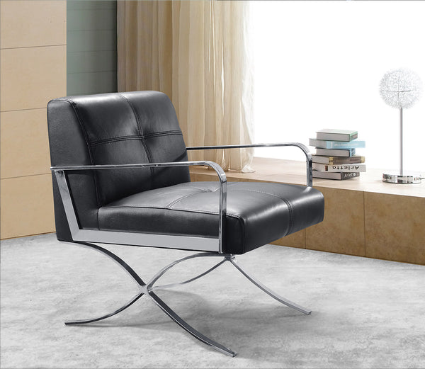 31' Black Leather and Steel Lounge Chair