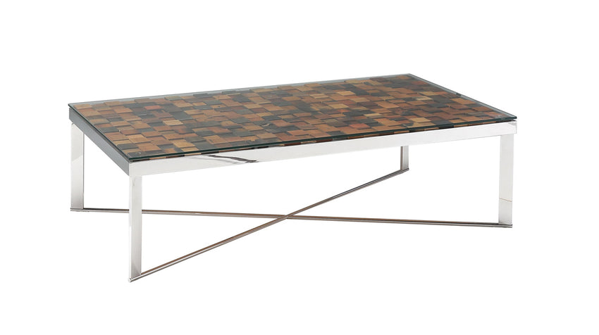 14' Mosaic Wood  Steel  and Glass Coffee Table