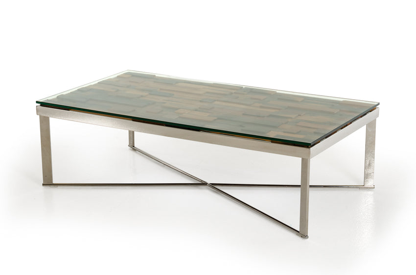 14' Mosaic Wood  Glass  and Steel Coffee Table