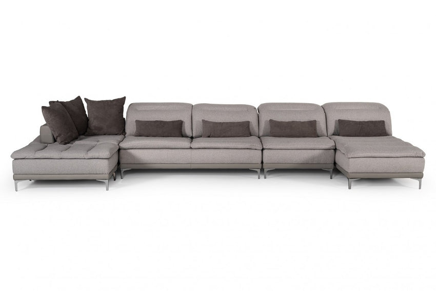 39' Grey Fabric  Foam  Wood  and Stainless Steel Sectional Sofa