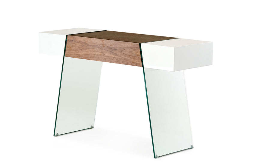 29' White and Walnut Veneer  MDF  and Glass Floating Console Table