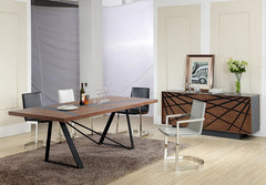 30' Walnut Veneer and Grey Stainless Steel Dining Table