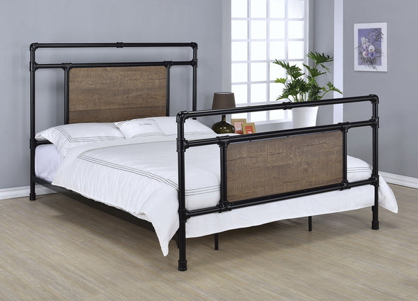 Queen Bed, Black & Oak - Metal, Wood Panel, Melami Black