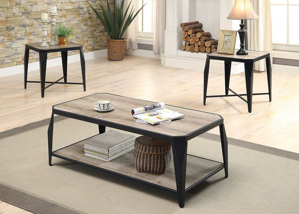 48' 3Pc Antique Light Oak And Black Pack Coffee And End Table Set