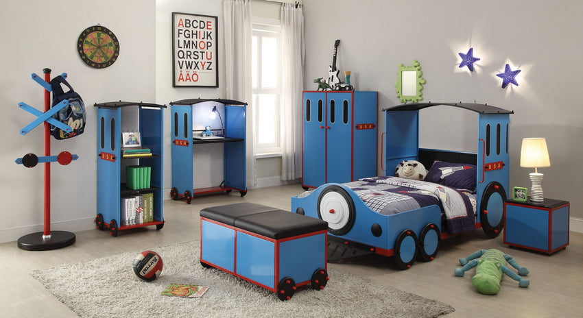 Bench with Storage, Blue/Red & Black Train - Metal, MDF, Cushion:PU & Blue/Red & Black Train