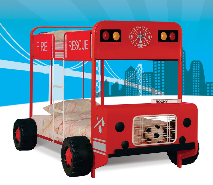 Twin/Twin Bunk Bed, Red & Black Fire Truck - Metal Tube (Steel), MDF Red & Black Fire Truck