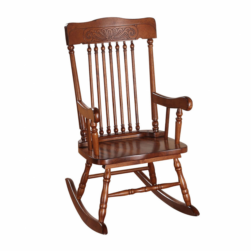 Embossed Cherry Brown Wooden Youth Rocking Chair