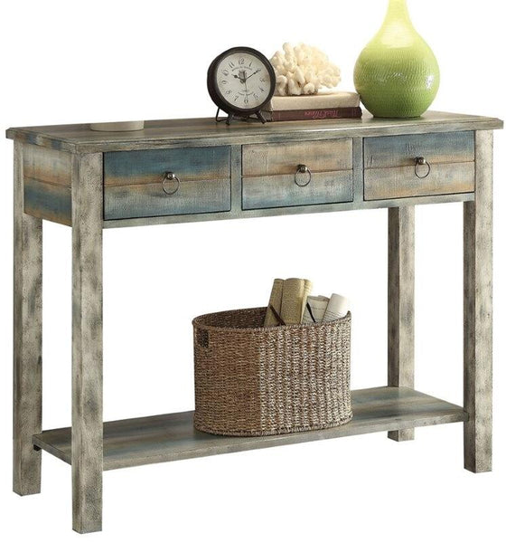 42' X 16' X 32' Antique White And Teal Wooden Console Table