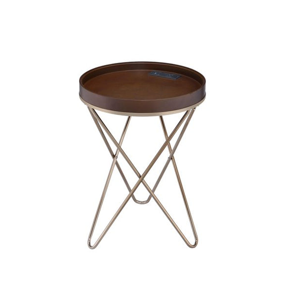 Pearlescent Gold and Dark Brown USB Side Table with Sectioned Top