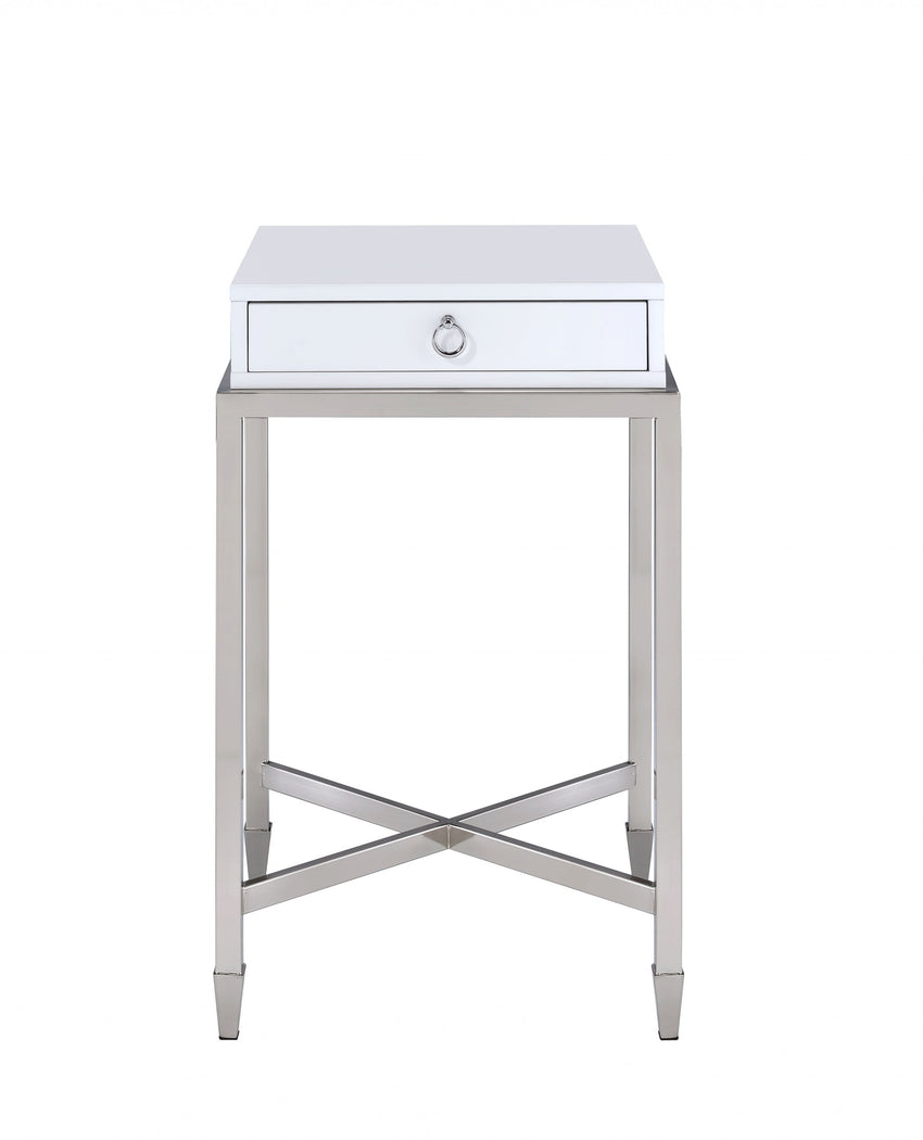 White and Chrome End Table with Ring Pull Drawer