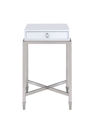 White and Chrome End Table with Ring Pull Drawer