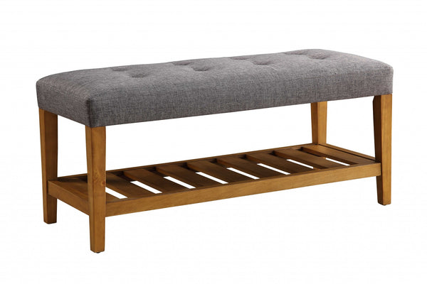 Rectangular Gray Padded Becnh with Oak Finish Legs and Shelf