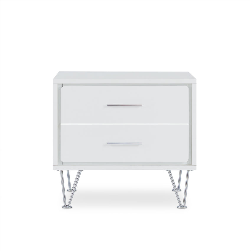 2 White Wooden Drawer Chrome Nightstand