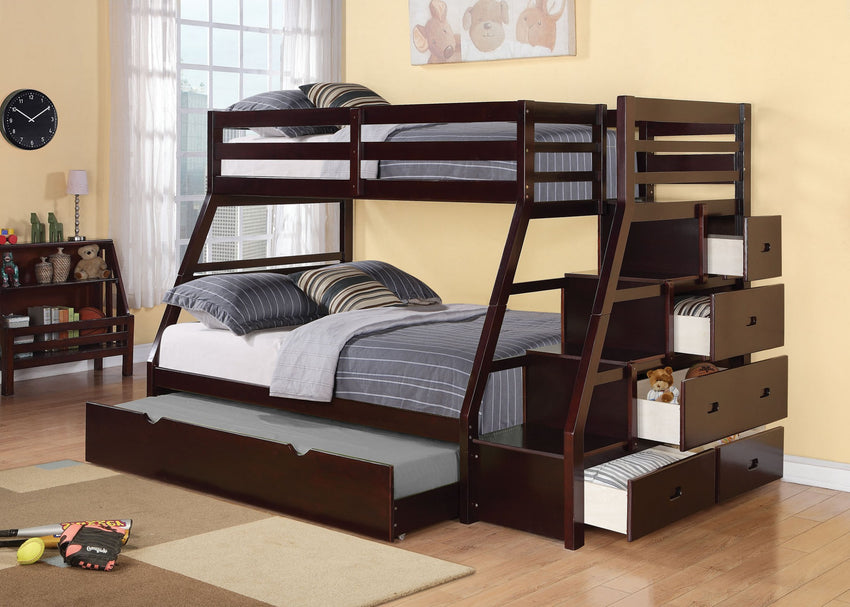 98" X 56" X 65" Espresso Pine Wood Bunk Bed (Twin/Full) with Trundle