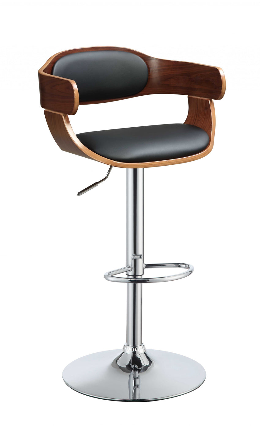 34' Sleek Walnut Finish Black Faux Leather Adjustable Swivel Bar Stool with Chrome Base