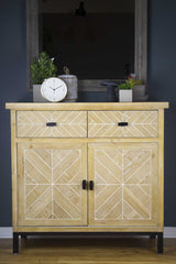 White Washed Parquet Wood  Sideboard with  Wood Drawers and  Wood Doors