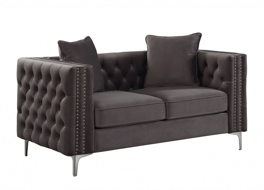 63' X 34' X 30' Dark Gray Velvet Loveseat w2 Pillows