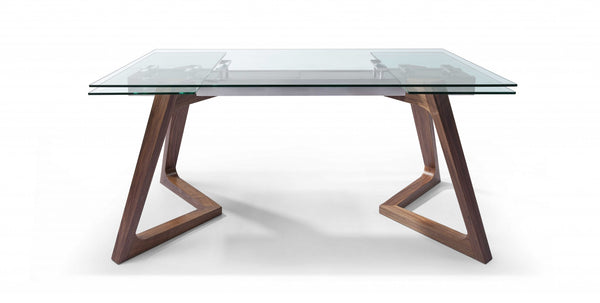 63 X 35 X 30 Walnut Glass Stainless Steel Extendable Dining Table