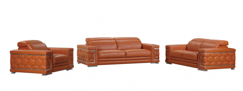 114" Sturdy Camel Leather Sofa Set