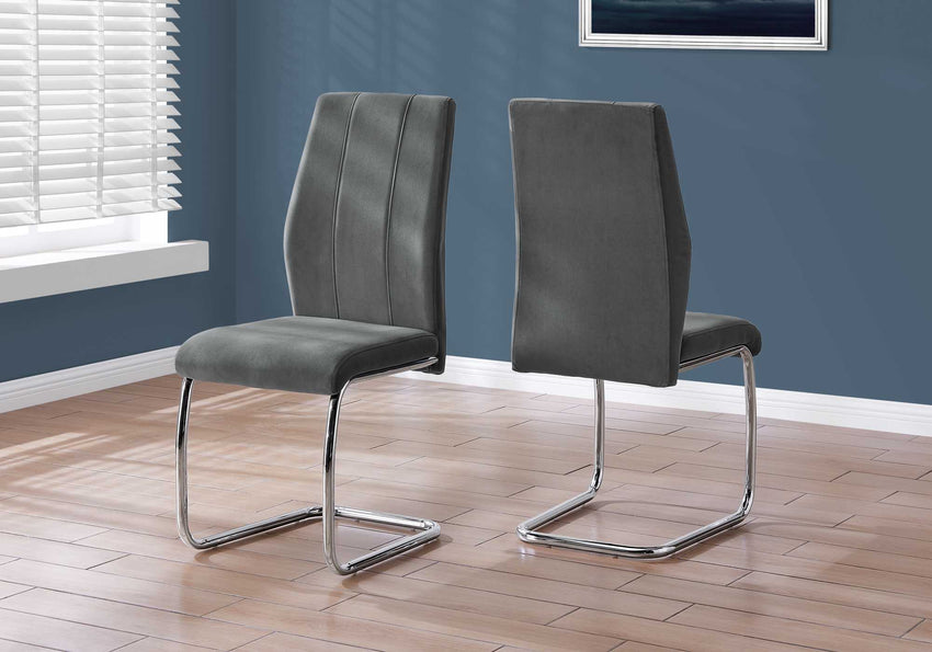 Two 77.5" Dark Grey Velvet Chrome Metal and Foam Dining Chairs