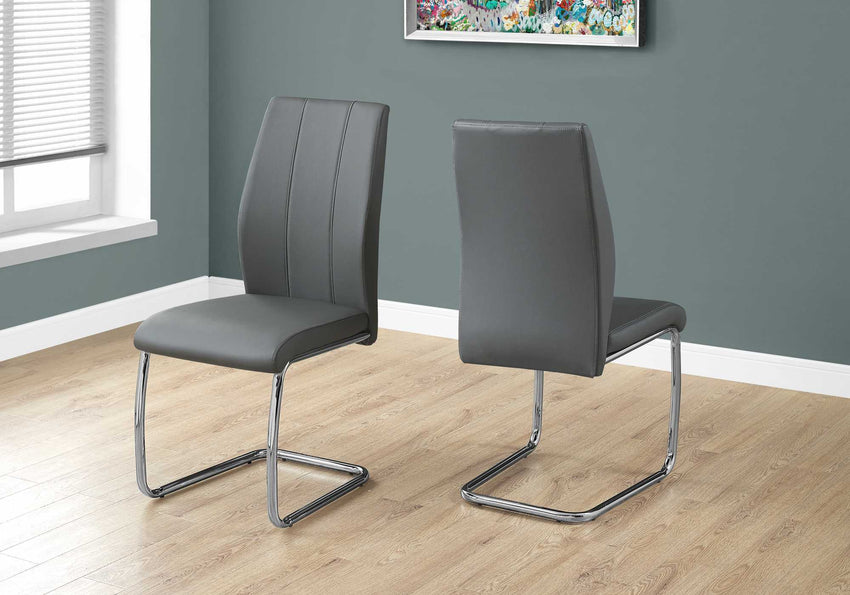 Two 77.5" Grey Leather Look Chrome Metal and Foam Dining Chairs