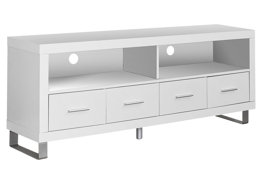 15.75" x 60" x 23.75" White Silver Particle Board Hollow Core Metal TV Stand With 4 Drawers