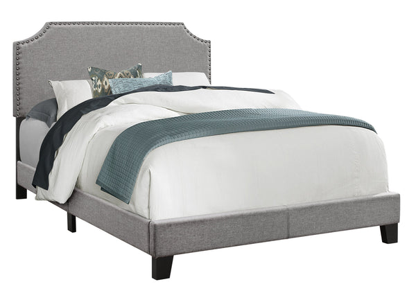 Full Size Grey Linen with Chrome Trim and Solid Wood Black Feet Bed