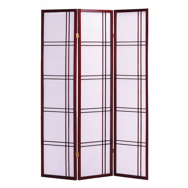 51 x 1 x 70 Traditional Cherry Brown Shoji And Wood  3 Panel Screen