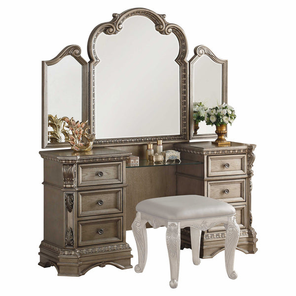 18' X 58' X 69' Antique Champagne Wood Poly Resin Vanity Desk