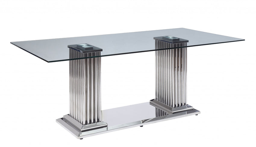 39' X 79' X 30' Stainless Steel Clear Glass Mirror Dining Table wDouble Pedestal