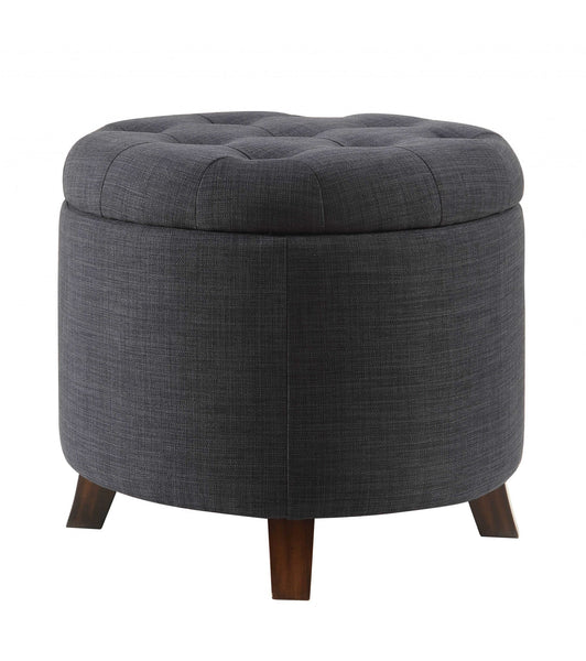 Dark Blue Linen Upholstered Storage Ottoman