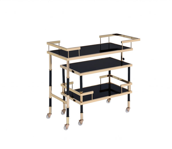 16' X 36' X 34' Gold Black Smoky Glass Metal Casters Serving Cart