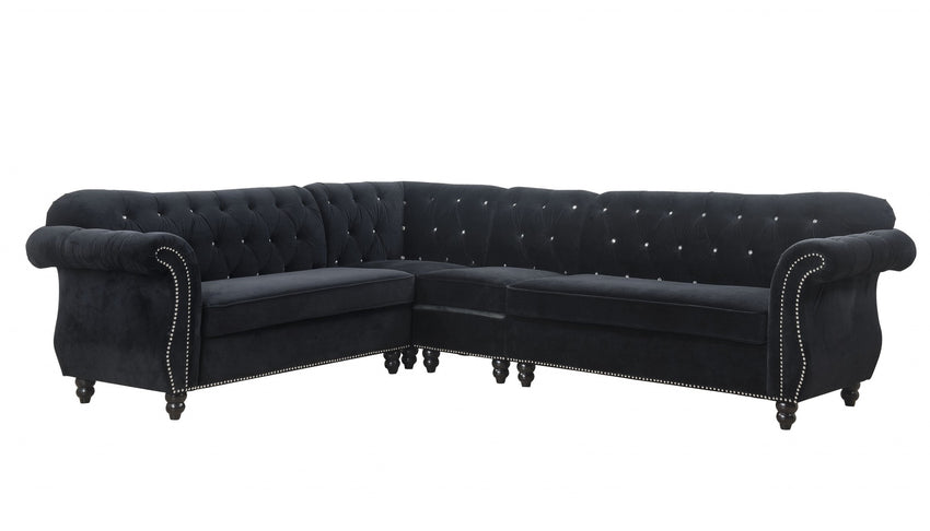 101' X 124' X 37' Black Velvet Upholstery Wood Leg Sectional Sofa