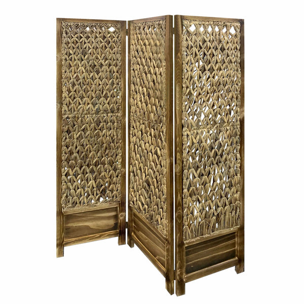 Casual Wood and Seagrass Three Panel Room Divider Screen