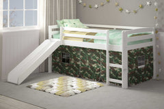 White Wooden Camo Tent Low Loft Bed with Slide