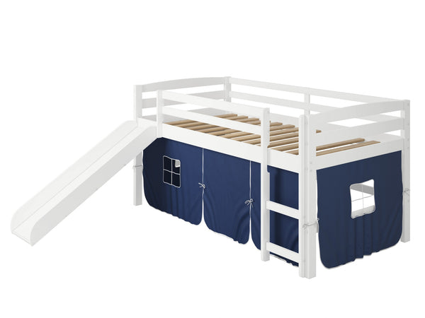 White Wooden Blue Tent Low Loft Bed with Slide