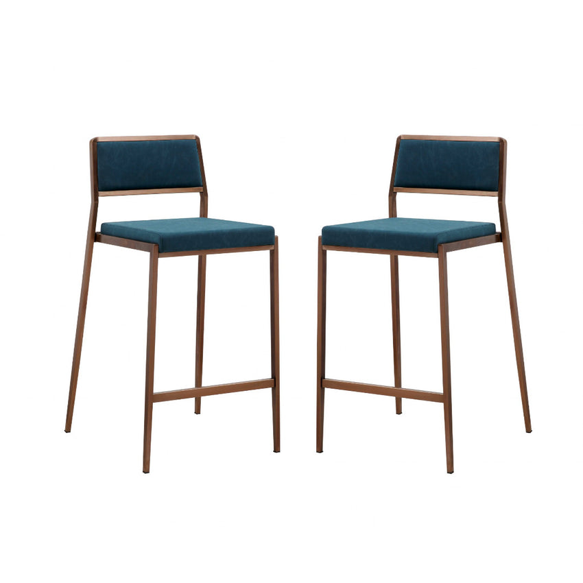 Set of 2 Luxury Teal Blue and Brushed Gold Counter Stools