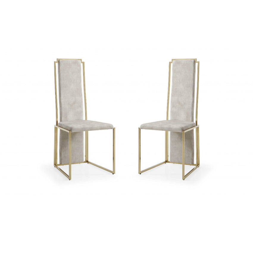 Set of 2 Ultra Modern Beige Suede and Gold Dining Chairs