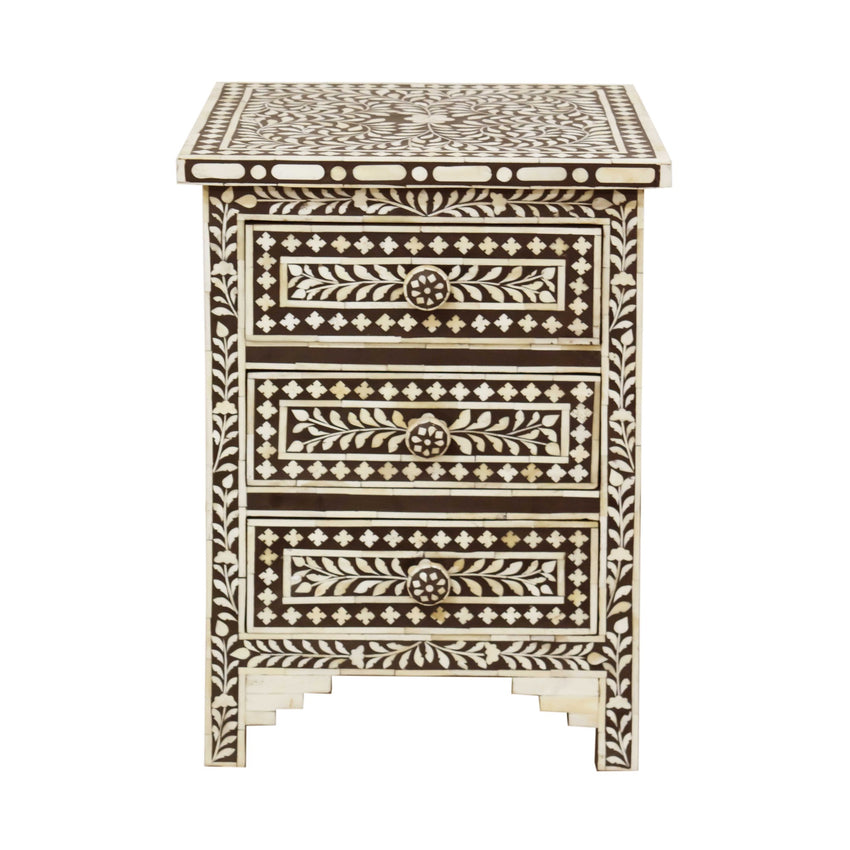 Moroccan Brown and White Bone 3 Drawer Accent Cabinet