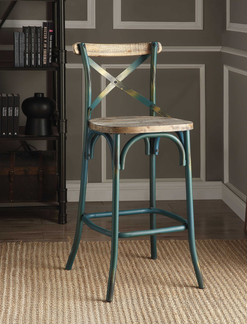 Antique Turquoise & Oak Wood Bar Chair