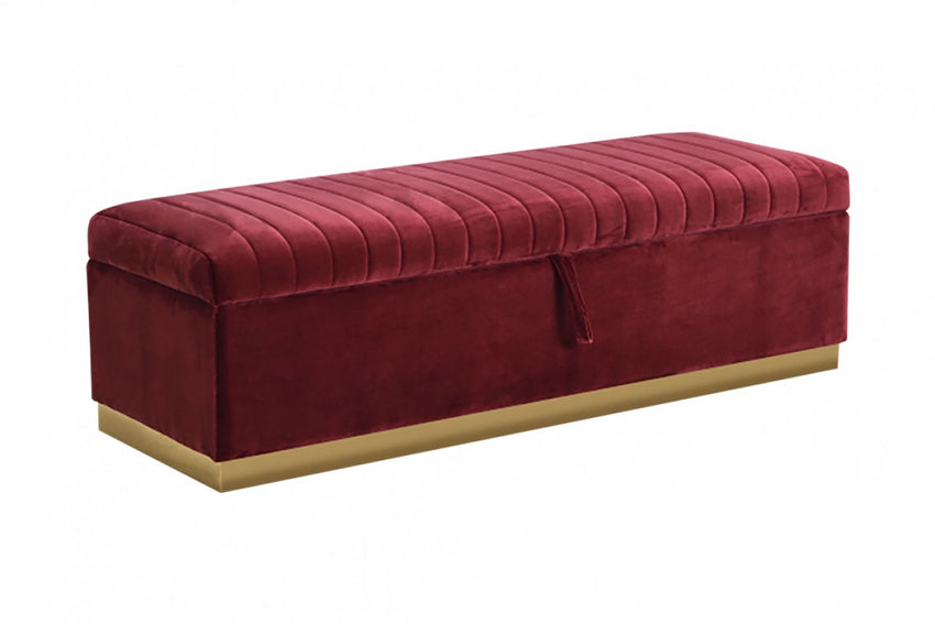 Rectangular Modern Red Velvet Storage Bench with Gold Metal