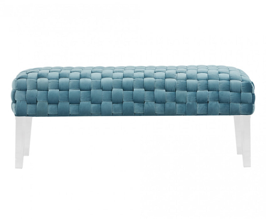 Rectangular Modern Light Teal Textured Velvet Bench with acrylic legs