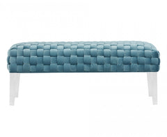 Rectangular Modern Light Teal Textured Velvet Bench with acrylic legs