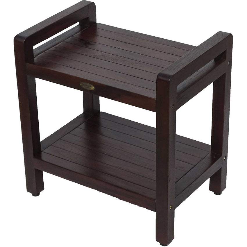 Rectangular Teak Shower Bench with Handles in Brown Finish