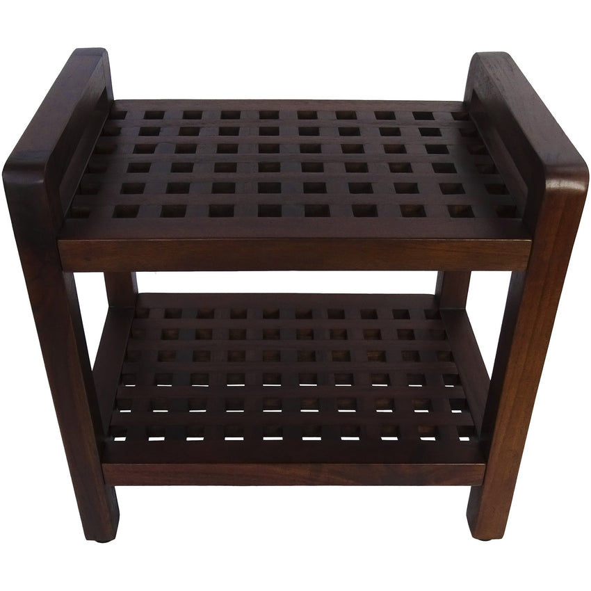 Teak Lattice Pattern Shower Stool with Shelf and Handles in Brown Finish