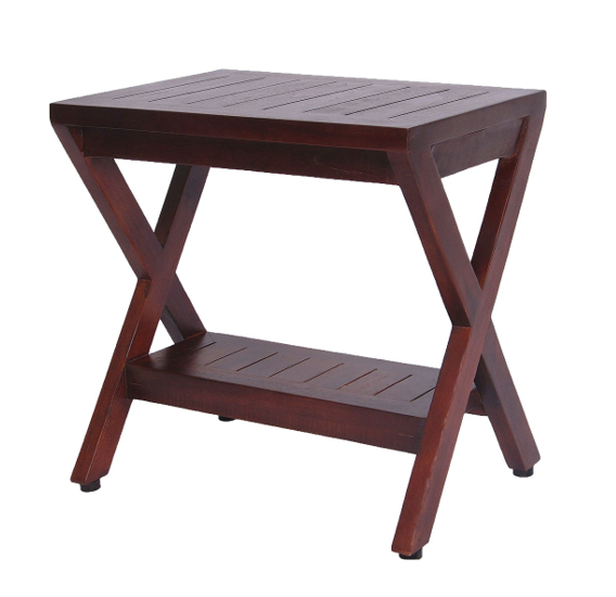 Compact X Shape Teak Shower Outdoor Bench with Shelf in Brown Finish