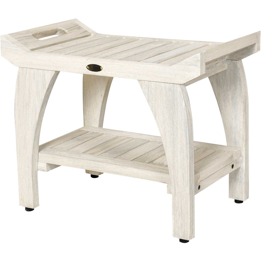 Compact Teak Shower Stool with Shelf and Handles in White Finish